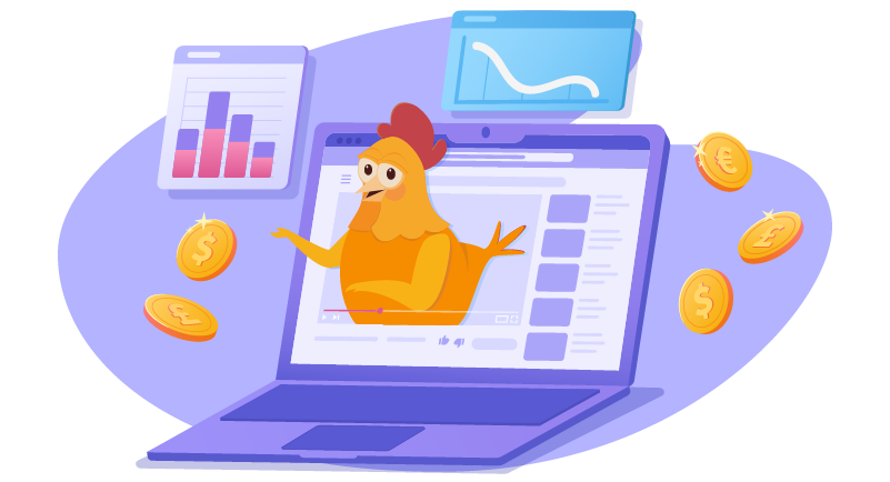 Chicken on a laptop screen offering advice