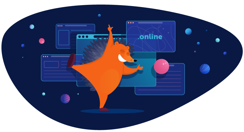 Hedgehog celebrating the flexibility of .online domains with different websites behind him