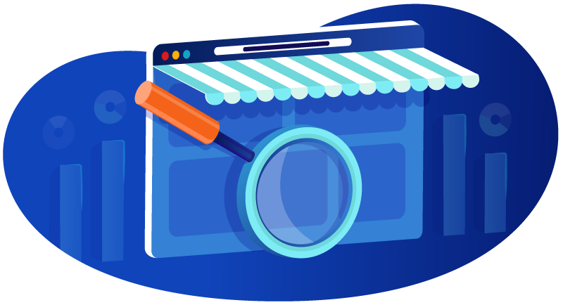 magnifying glass on digital storefront