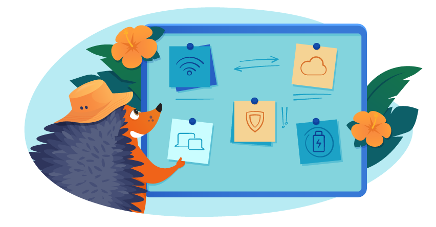 Hedgehog reviewing business to-do items on bulletin board